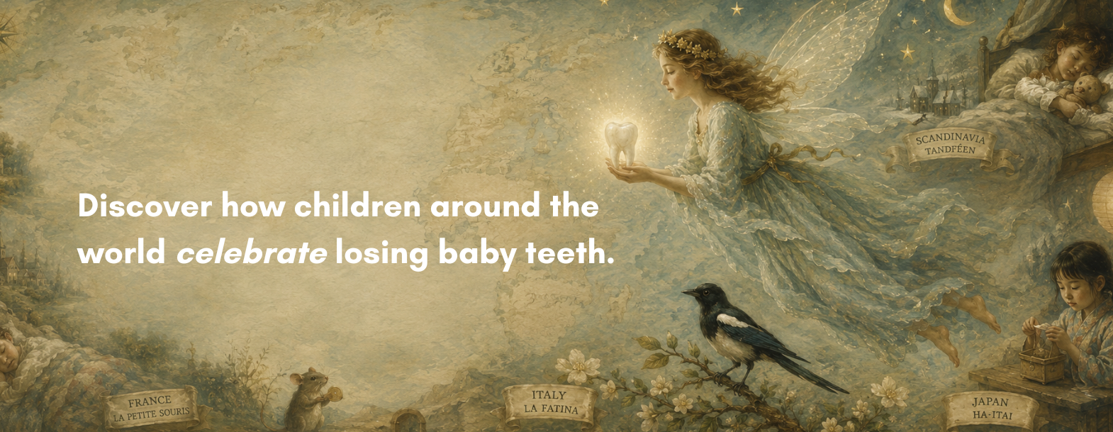 Tooth Fairy flying over a vintage world map with symbols of lost tooth traditions from around the world